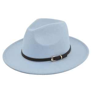 Close-up of light blue wool fedora hat featuring a black leather band and gold buckle