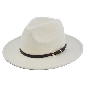 Detail of light beige wool fedora featuring a brown leather band and gold metal buckle