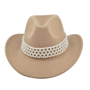 Chapeau de cowboy en feutre kaki pour femme avec bandeau élégant orné de perles