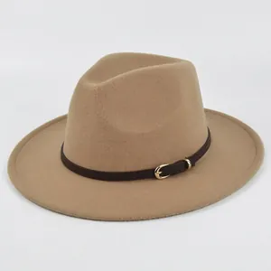 Vintage Woolen Fedora Hat With Leather Belt Gold Buckle Wide Brim Jazz Cap For Men Women Casual Party British Style Hat