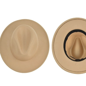 Khaki wool jazz fedora hat with classic flat brim and adjustable interior sweatband