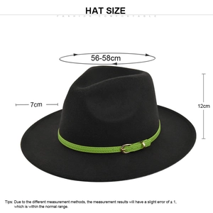 Classic black wool fedora hat with green belt showing 56-58cm head size details