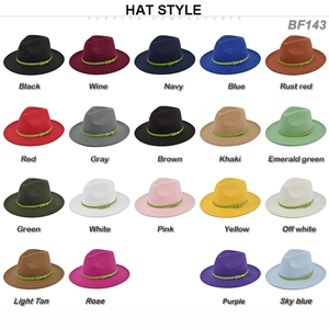 Matrix view of various wool fedora hats with neon green belts and gold buckle details