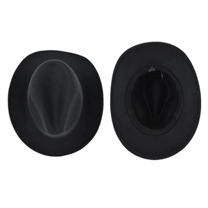 Detailed top and interior view of a black wool fedora hat with size 57 label