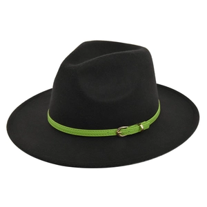 Detailed view of black wool fedora featuring a neon green leather band and gold buckle