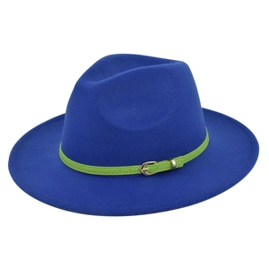 Detailed close-up of blue wool fedora hat featuring a contrast green leather buckle belt