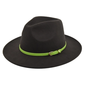 Detail of black fedora hat featuring a neon green leather band and gold buckle accent