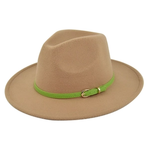 Detail of camel wool fedora hat featuring a contrast green belt with golden metal buckle