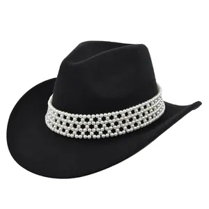 Chapeau de Cowboy Western pour Femmes Fedora en Feutre Avec Bande de Künstliche Perles d'Imitation Chapeau de Jazz à Bord Large pour Fête Voyage Mariage Bijoux
