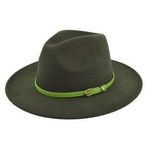 Detail of dark green wool fedora hat featuring a bright green belt and gold metal buckle