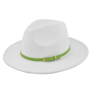 Close-up of white felt fedora hat featuring a green slim belt and gold buckle detail
