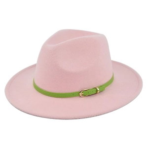 Detailed view of pink wool fedora hat featuring a green leather belt with gold metal buckle
