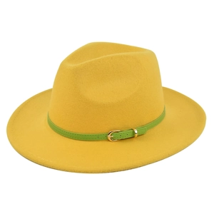 Classic mustard yellow wool fedora hat with a green leather strap and gold buckle detail