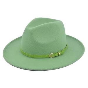 Vintage Unisex Polyester Felt Fedora Hat Wide Brim Jazz Hat With Contrast Green Belt Gold Buckle Stylish Flat Top Party Cap