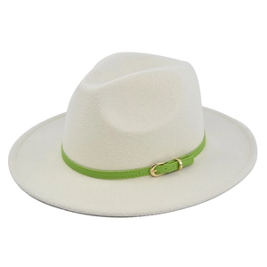 Detail of cream wool fedora hat featuring a green leather band and gold metal buckle
