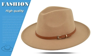 Detailed view of khaki fedora hat with brown leather belt and golden buckle trim