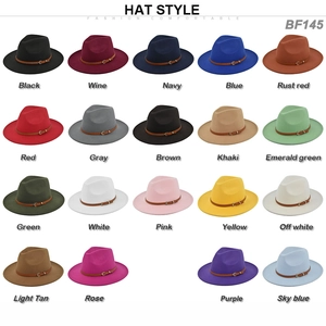 Detailed grid display of wool fedora hats in 19 colors with leather bands and metal buckles
