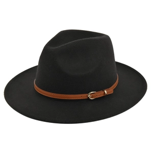 Detailed side view of black wool fedora hat with brown leather band and gold buckle