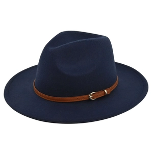 Detailed view of the dark blue wool felt fedora featuring a brown leather belt buckle