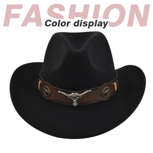 Detail of black felt cowboy hat featuring leather band and silver bull head metal ornament