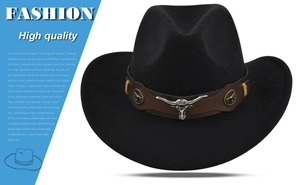 Detailed view of black cowboy hat with silver longhorn skull and leather band decoration