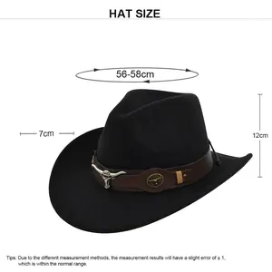 Black wool felt cowboy hat with silver bull head detail and sizing chart specifications