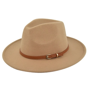 Detail of khaki wool fedora hat featuring a brown leather band and gold metal buckle