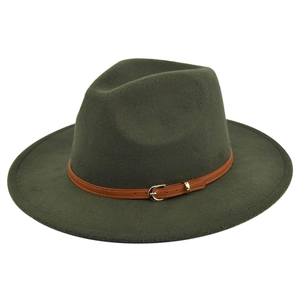 Close-up of dark green fedora hat with brown leather belt strap and gold metal buckle