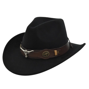 Detailed close-up of a black felt cowboy hat with leather band and silver bull skull buckle