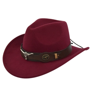 Detail of burgundy wool fedora hat featuring a vintage bull head leather band trim