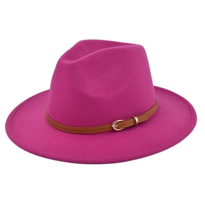Detailed close-up of rose red wool fedora hat featuring a brown leather belt with gold buckle