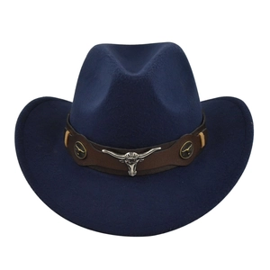 Detailed view of navy felt cowboy hat featuring silver bull head buckle and brown leather band