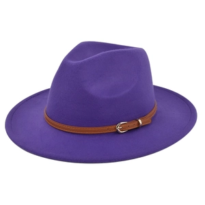 Detail view of purple wool fedora with brown faux leather belt and metal buckle strap