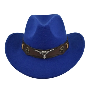 Detailed view of blue felt cowboy hat featuring a silver steer head and leather band