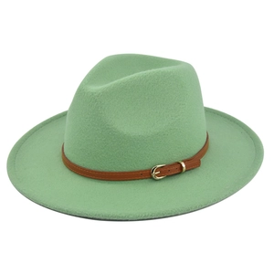 Classic mint green wool fedora hat with wide brim and brown leather belt buckle