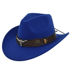 Detail of royal blue wool felt cowboy hat with leather band and silver bull head metal buckle