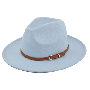 Elegant light blue wide brim fedora hat with brown leather band and gold metal buckle