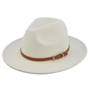 Close-up of cream wool fedora hat featuring a brown leather belt with gold buckle