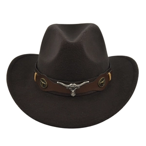Detailed view of dark brown felt cowboy hat with leather band and silver bull head emblem