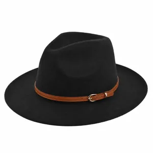 Vintage Wide Brim Fedora Hat Woolen Felt Jazz Hat With Leather Belt Buckle For Men Women Retro Classic Panama Cap