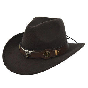 Detail of dark brown wool felt cowboy hat with leather band and metal bull head charms