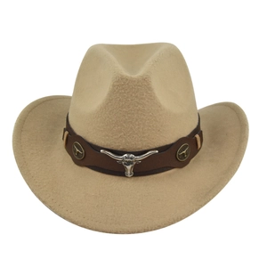 Detailed view of khaki felt cowboy hat with leather band and silver longhorn bull skull charm