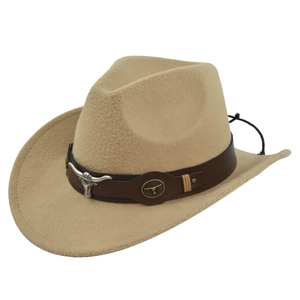 Detailed close-up of wool felt cowboy hat with leather band and bull skull buckle