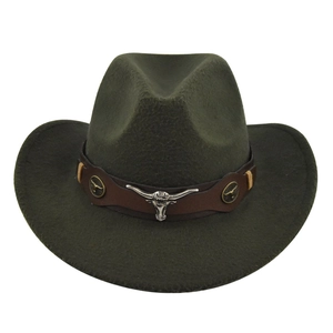 Detail of dark olive wool felt cowboy hat featuring silver bull head metal ornament