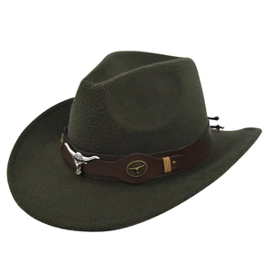 Olive green felt cowboy hat with silver bull skull leather band in a 45-degree view