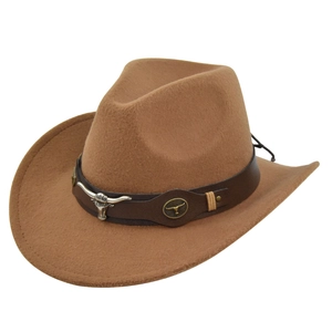 Detail of silver bull head emblem on brown wool felt western cowboy hat decorative band