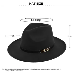 Size chart showing 56-58cm circumference and 7cm brim for the black wool fedora hat