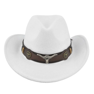 Close-up of white felt cowboy hat featuring a brown leather band and silver bull head emblem