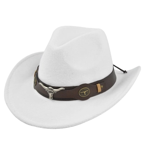 Detail of the white wool felt cowboy hat with leather band and silver bull head ornament