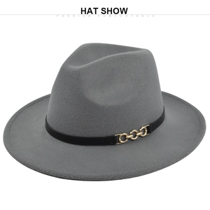 Detail of grey wool fedora hat featuring black leather band and gold chain buckle